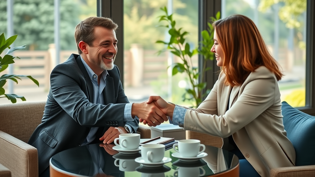 trustworthy business partners, two people sharing a handshake, High Fantasy, cozy business lounge with greenery visible through a window, coffee cups, natural earth tones, soft morning light, shot with a Fujifilm XF 56mm f/1.2 lens.