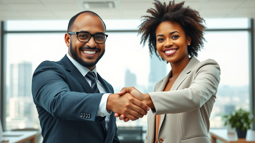 business partnerships handshake modern office city skyline