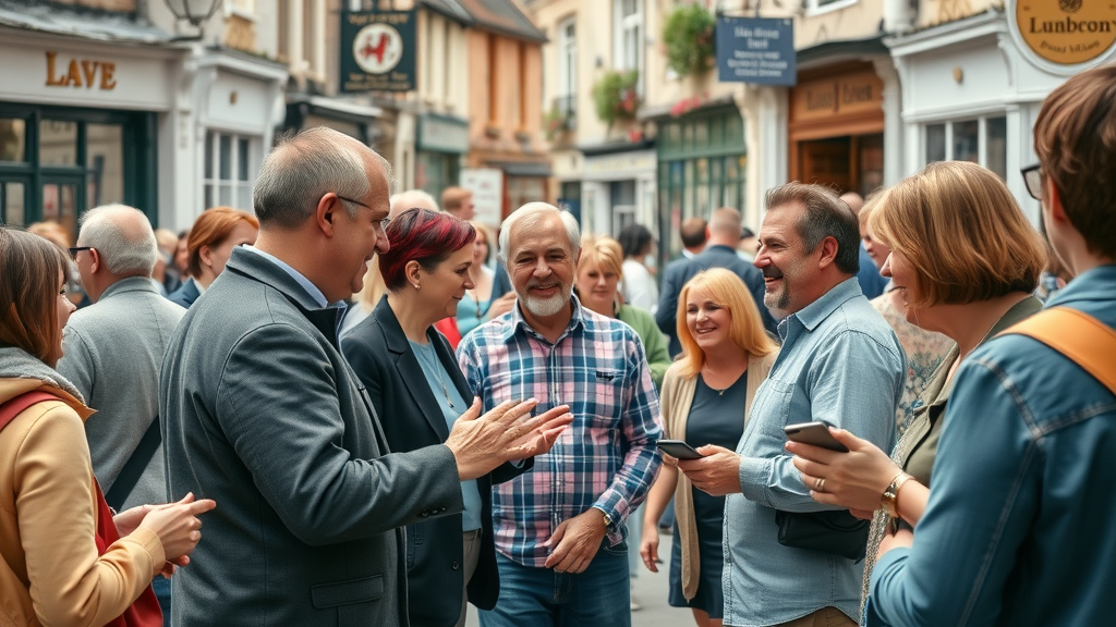Vibrant Monmouthshire business monmouthshire town centre with business owners and customers interacting, lively local commerce and historic landmarks