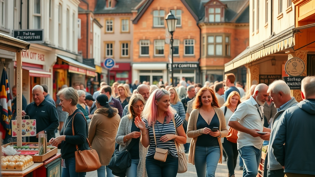 Revitalized Monmouthshire town centre with market activity and heritage buildings, lively town centre supported by Monmouthshire Business CIC