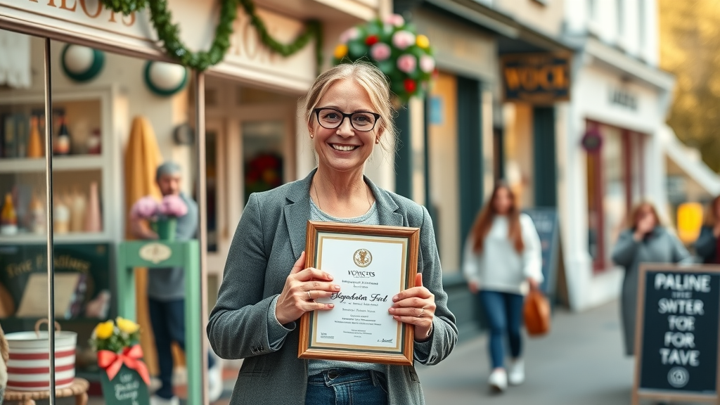 Business owner with Monmouthshire Business CIC award outside a bustling boutique in Monmouthshire town centre