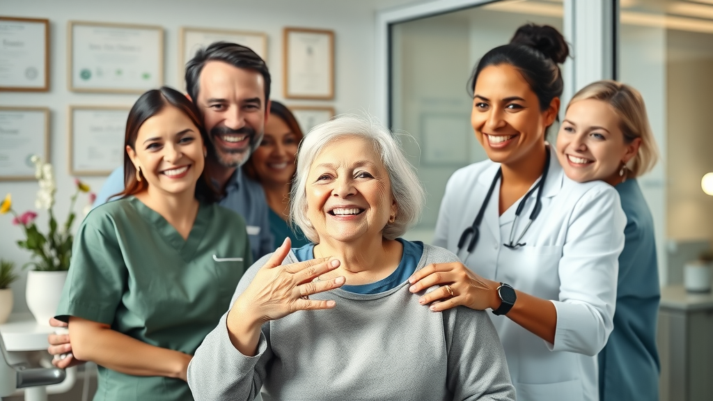 Patient celebrates new smile with caring team at New Life Dental Implant Center in Irvine