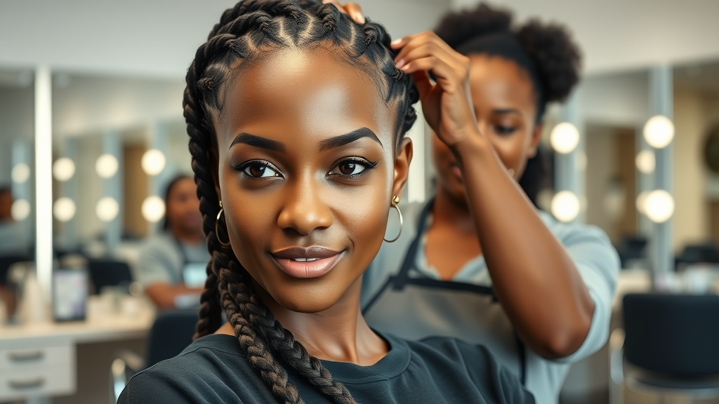 hair braiding and extensions in a modern salon, professional stylist braiding an African American woman