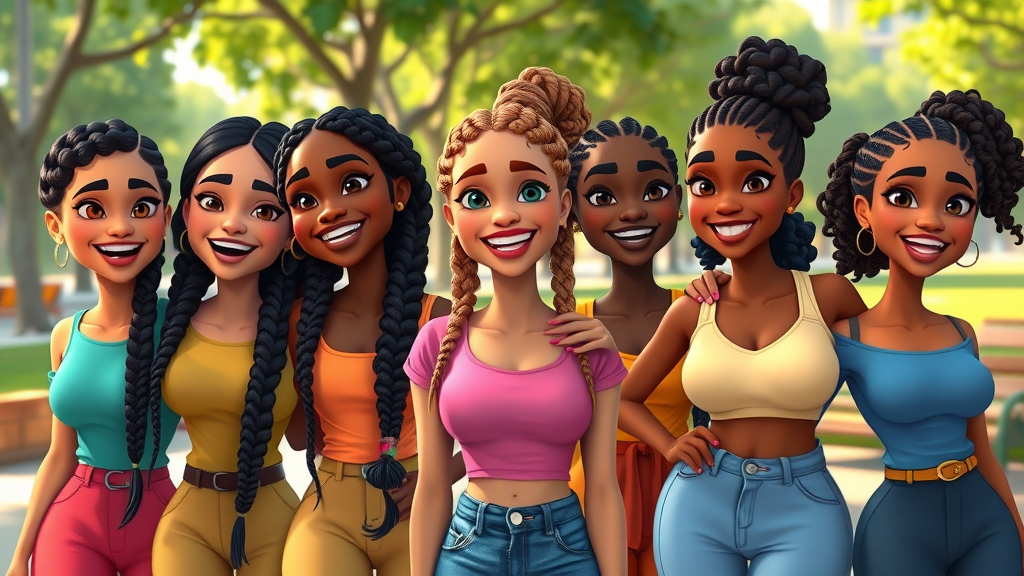 diverse women showing off hair braiding and extensions, box braids, cornrows, twists in a lively park