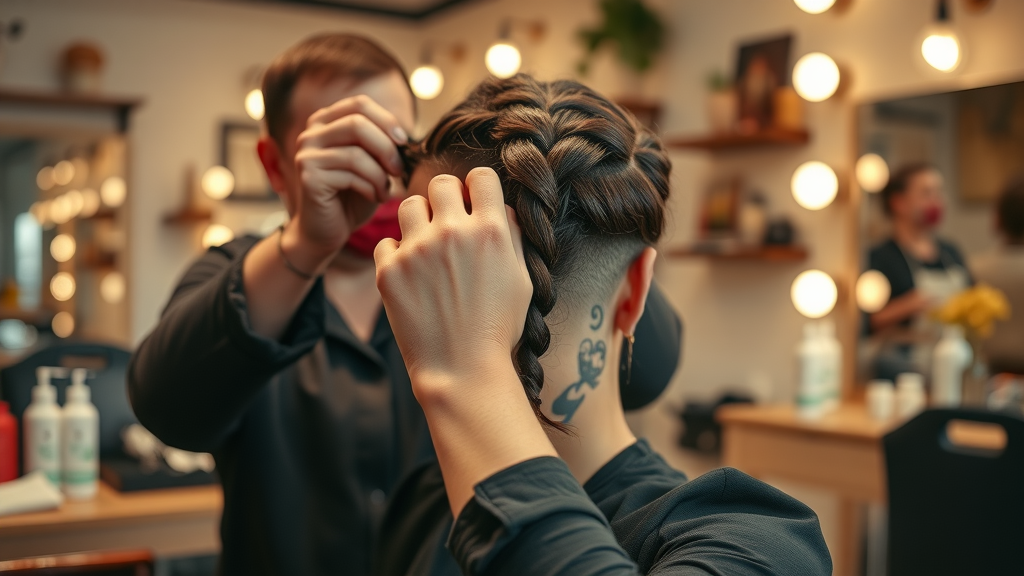 hair braiding and extensions process, stylist starting a box braid in a salon