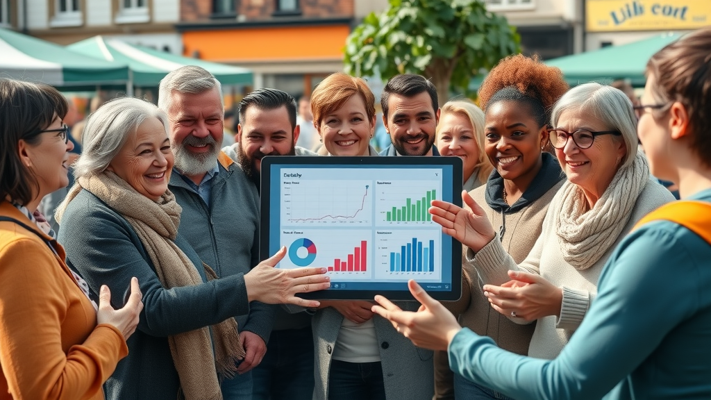 Community group in Monmouthshire engaging with digital media and graphs, illustrating impact of monmouthshiremedia business invited cic in town centre revitalisation.