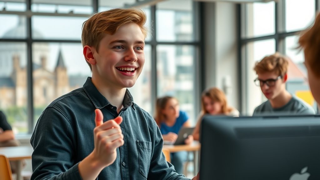 Young leader inspiring peers at a digital media workshop, supported by monmouthshiremedia business invited cic for town centre and council engagement.