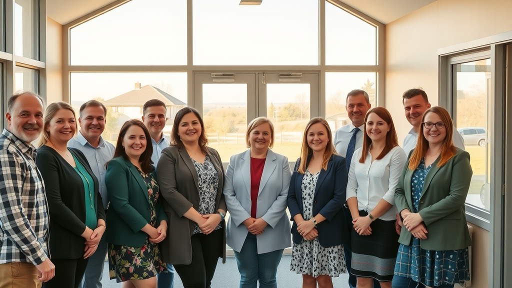 Welcoming group photo of Monmouthshire business leaders and young people engaging with monmouthshiremedia business invited cic in a sunlit community centre.