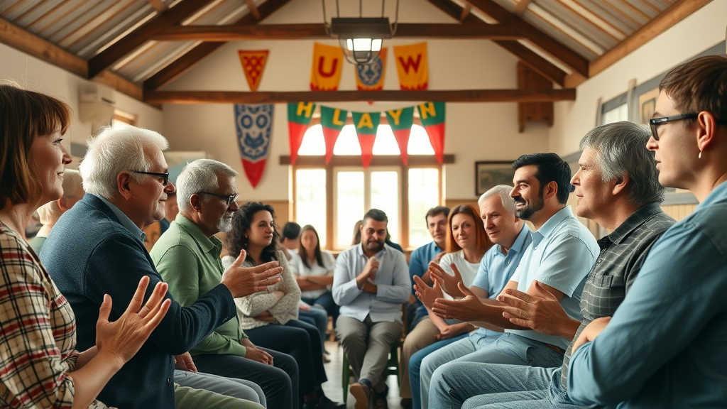 vibrant community meeting discussing Community Interest Company in Monmouthshire, people collaborating and gesturing naturally, daylight hall