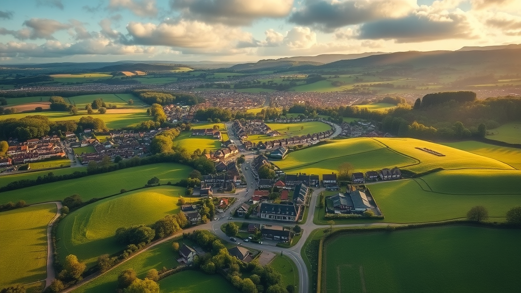 aerial panoramic view of Monmouthshire, combining historic towns, rolling green hills, and modern homes – council tax and universal credit context