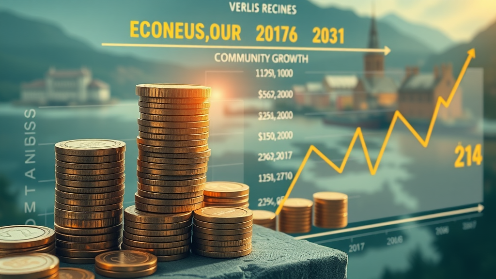 infographic-style scene visualizing Monmouthshire economic benefits and costs of CIC, with coins, graph lines, and community motifs