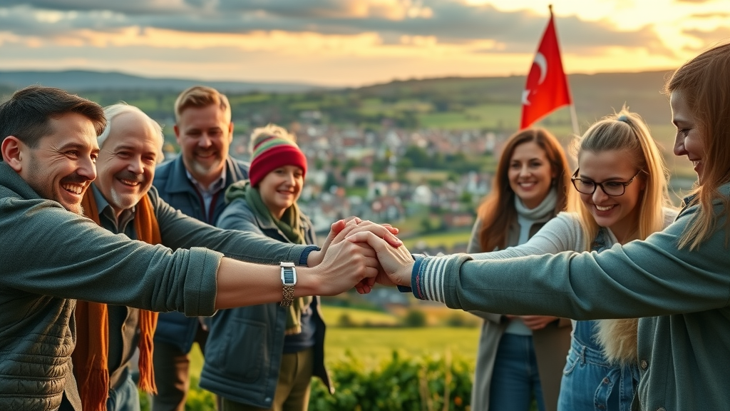 optimistic future for Monmouthshire, families and local leaders united, symbolizing the benefits of a CIC against a scenic town backdrop