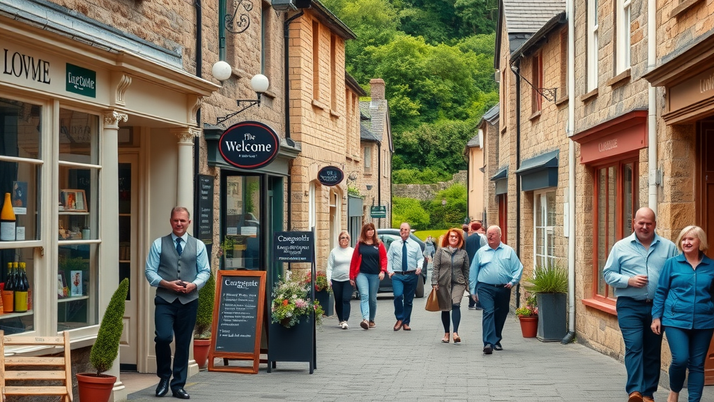 welcoming Monmouthshire village street with cheerful shop owners and local customers, Monmouthshire county businesses thriving