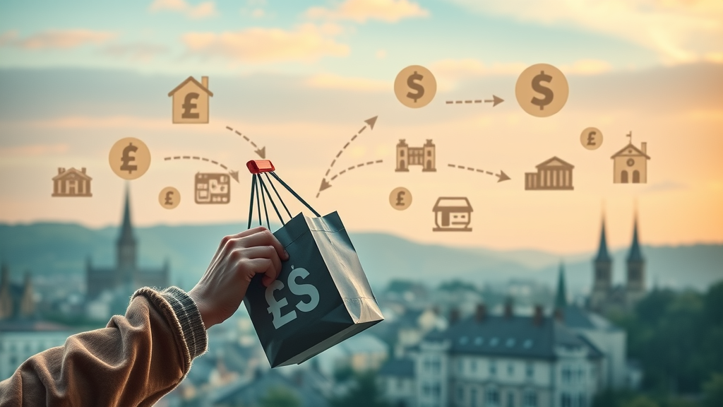 Infographic showing multiplier effect of local spending in Monmouthshire, arrows connecting shoppers to community projects