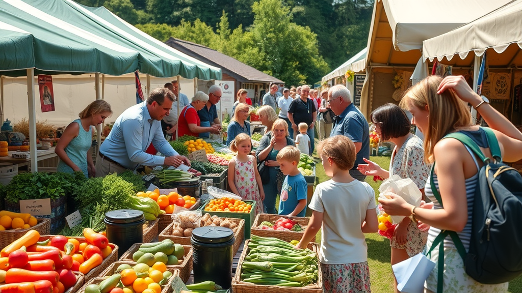 Bustling Monmouthshire farmers market with residents and local business vendors, community support in action