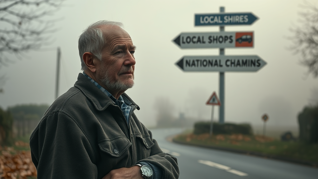 Thoughtful Monmouthshire resident deciding between local shops and national chains, symbolizing challenges and misconceptions