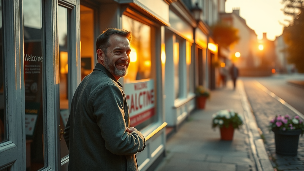 Monmouthshire business owner closing shop at sunset, representing lasting community value of residents’ support