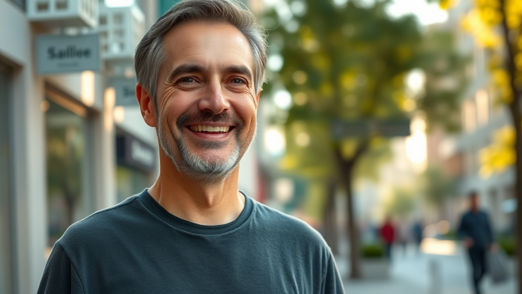 Confident middle-aged man standing relaxed on a city street, Self-care ideas for men over 40