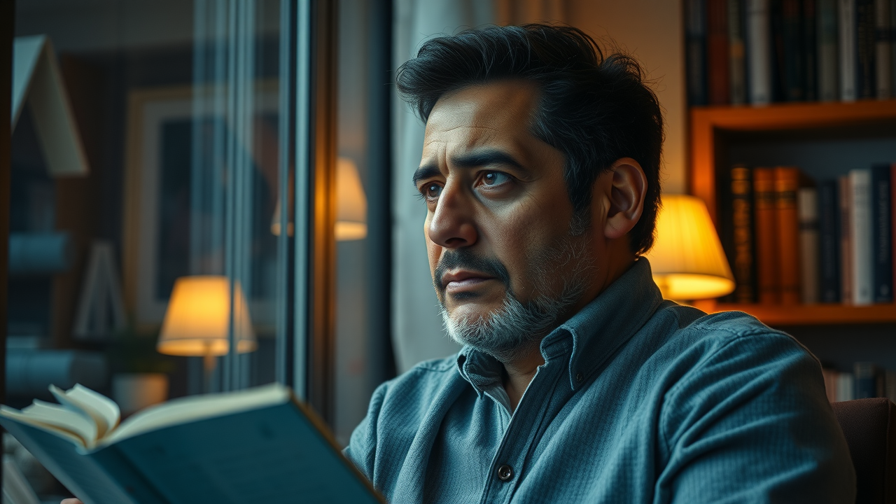Thoughtful mature man reading about self-care routines, Self-care ideas for men over 40