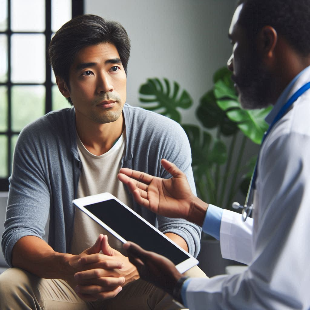 adult male patient having discussion with male doctor