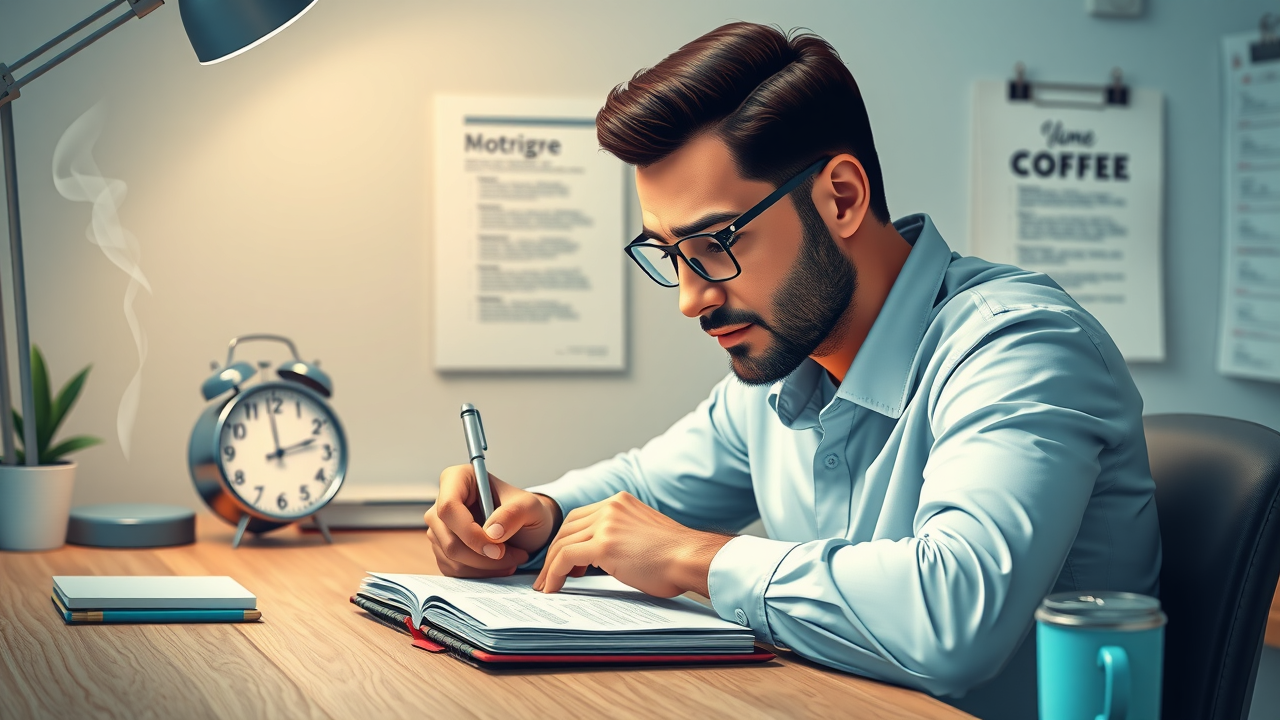 Disciplined man writing in planner to build self-care habits, Consistent care routine for men over 40