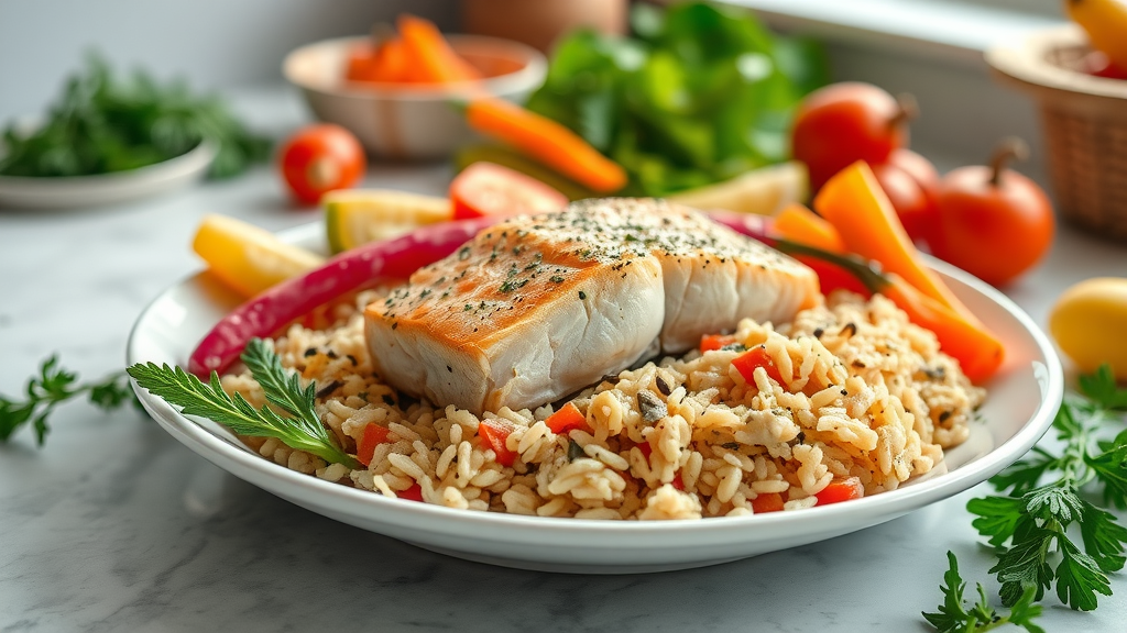 Balanced diet for men over 40, Healthy meal with salmon and vegetables