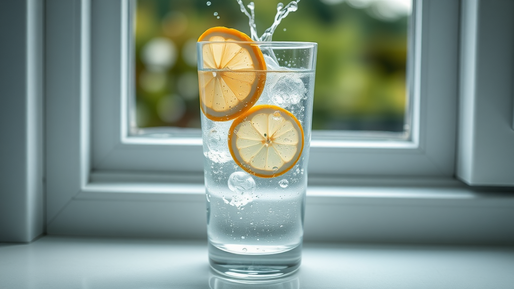 Glass of lemon water on a sunny windowsill, Hydration and gut health for men over 40