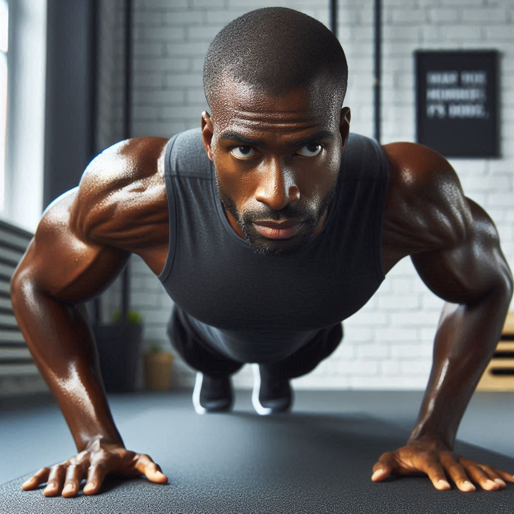 Vibrant and energetic man in his 40s performing pushups.