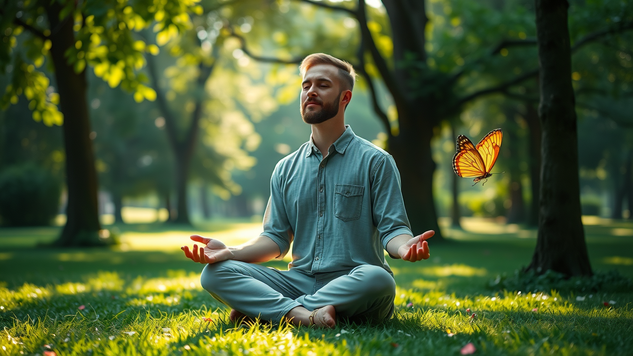 Peaceful man meditating in a park, Mindfulness and stress management for men over 40