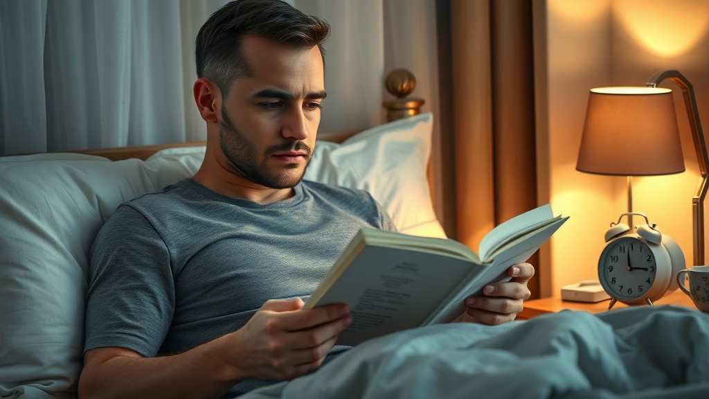 Man reading before bed for a restful nighttime routine, Sleep care routine for men over 40