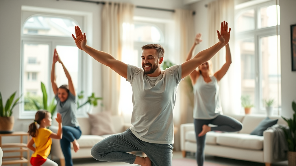 Man doing yoga with family for daily vitality, Integrating self-care habits for men over 40