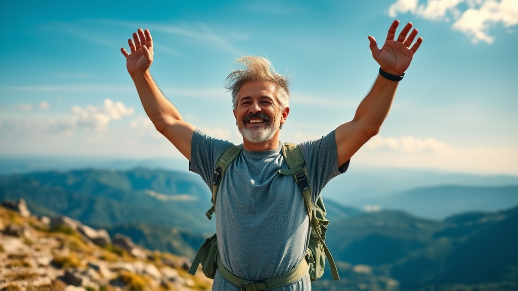 Empowered middle-aged man hiking, Symbolizing vitality from self-care ideas for men over 40