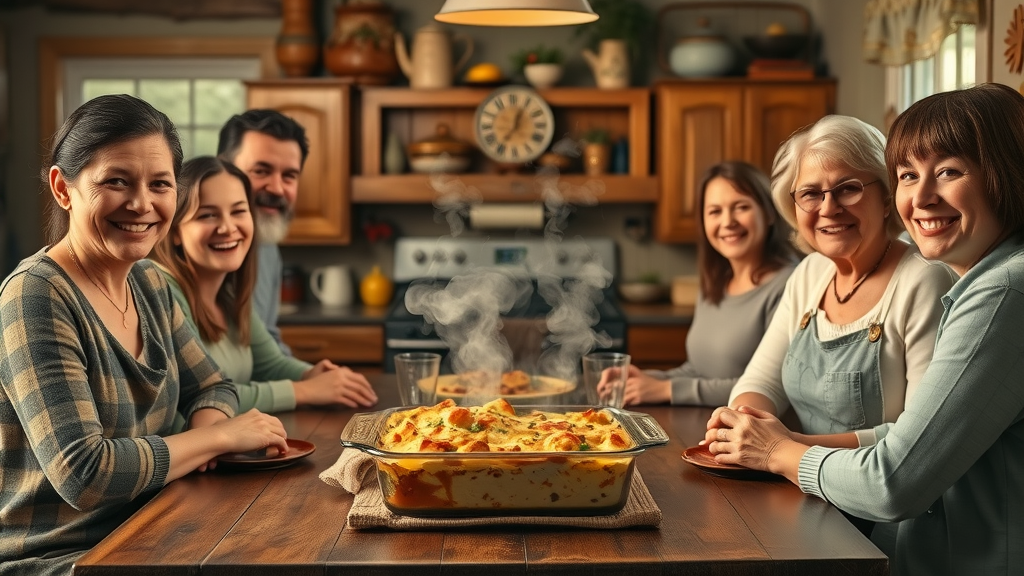 Inviting midwestern family kitchen with minnesota hotdish recipes, cozy rustic décor, smiling faces around steaming casserole, natural lighting, wood table