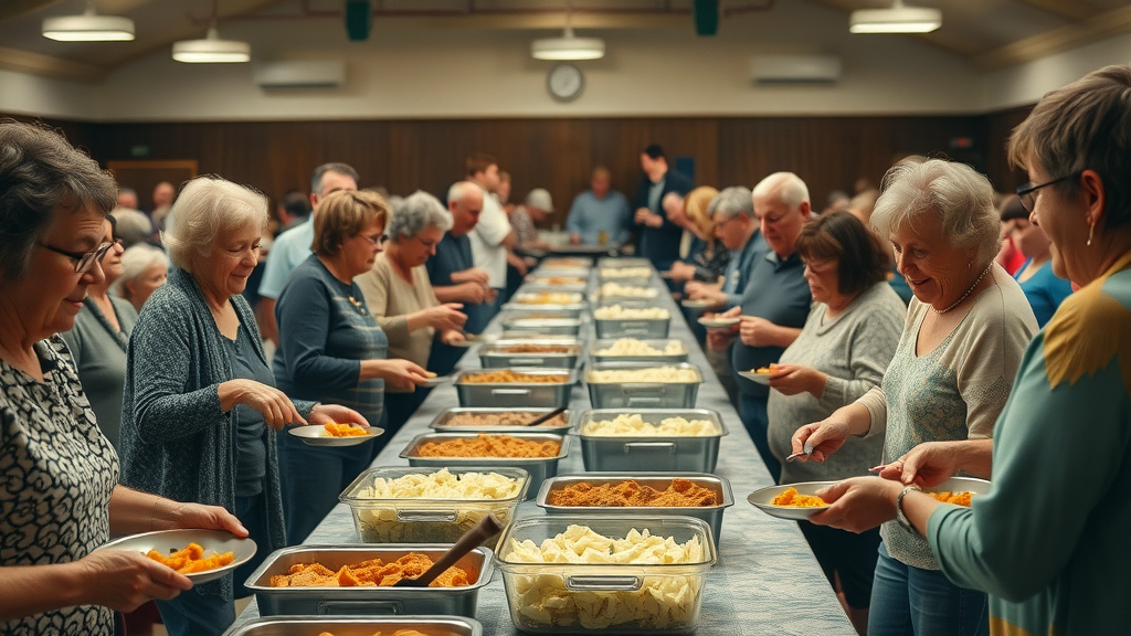 Minnesota community potluck nostalgic scene, casserole dishes served on tables, joyful gathering sharing minnesota hotdish recipes, retro church basement