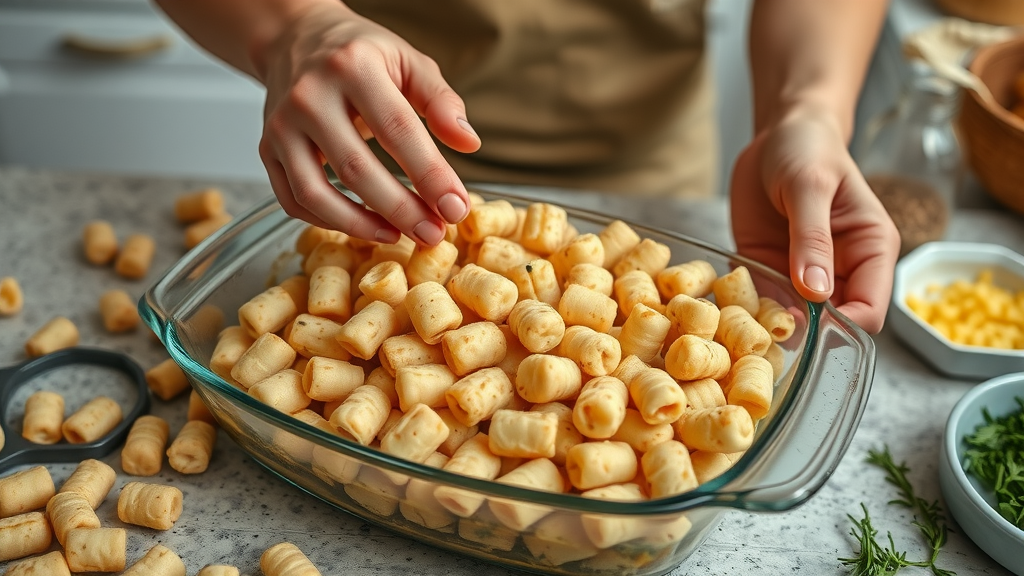 Hands arranging frozen tater tots on a casserole for classic tater tot hotdish, Minnesota kitchen prep with main dish ingredients