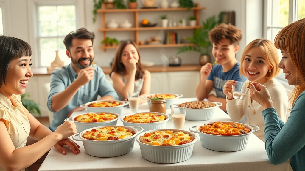 Creative hotdish varieties: vegan, vegetarian, gluten-free mini casseroles, colorful vegetables, minnesota hotdish recipes sampling in cheerful farmhouse dining room