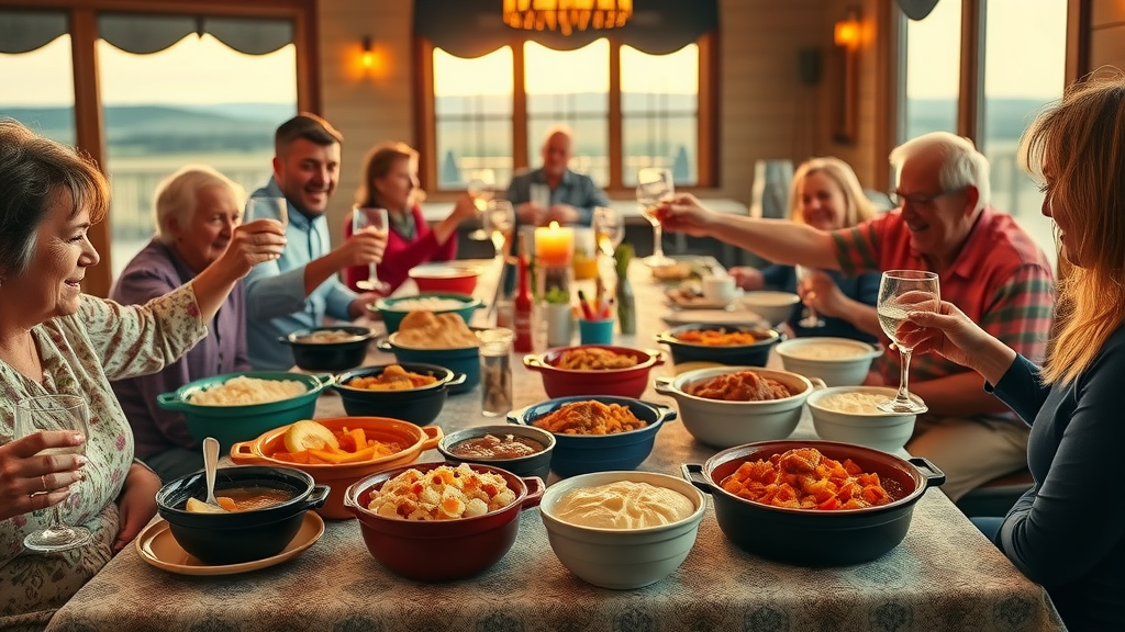 Festive Minnesota hotdish dinner table with several varieties, family and friends toasting, vibrant main dishes and warm lighting