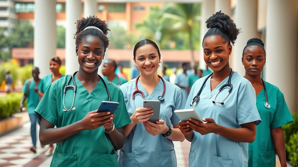 Epidemeology insights from case clinic news: Ugandan healthcare workers collaborating with digital health devices at a modern hospital entrance in Kampala