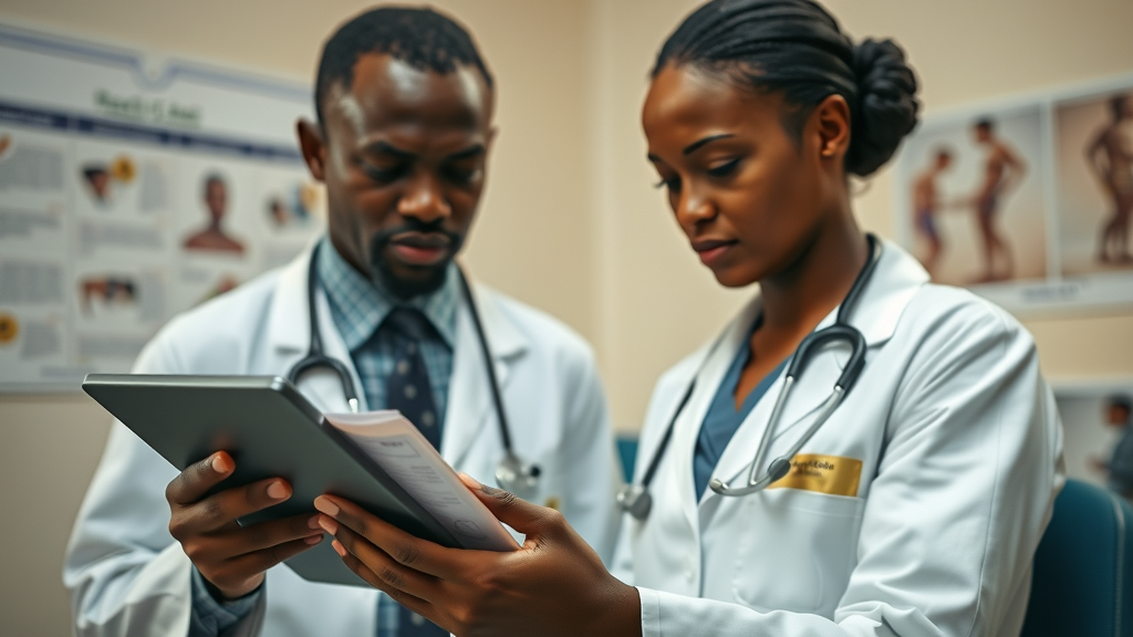 What is epidemiology? Ugandan doctor reviewing medical records with digital tablet, blending paper and technology