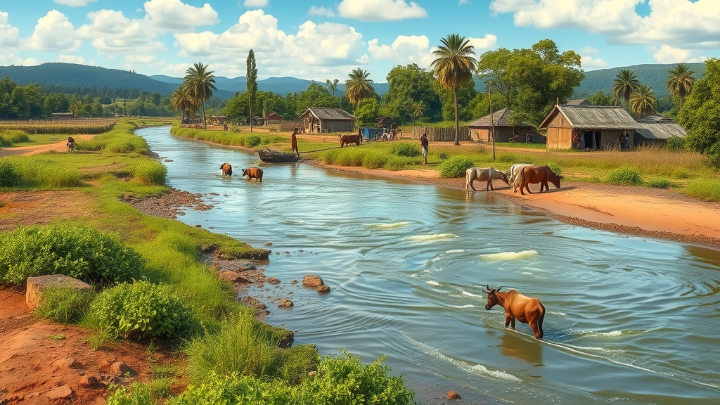 Environment in epidemiology: Ugandan village life, river, livestock and water sources, showing disease vectors