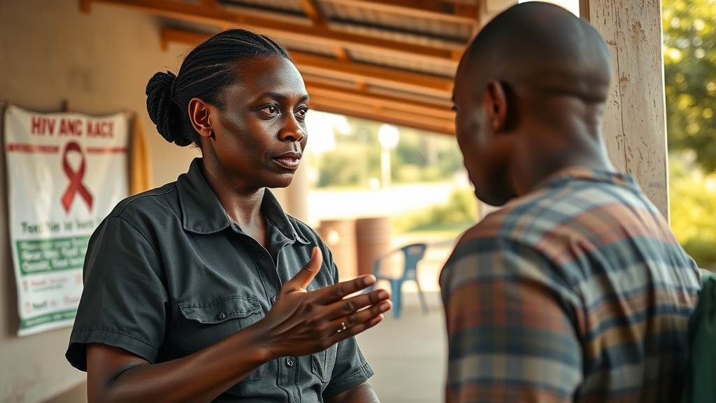 Key Infectious Diseases: HIV outreach worker counseling patient under HIV/AIDS awareness posters, Uganda