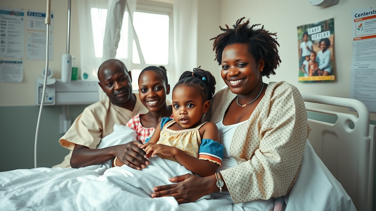Recovering from infectious diseases: Ugandan family with nurse, hospital bed and mosquito netting