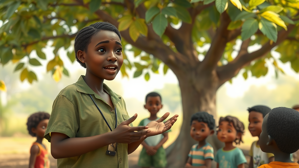 Public health education in Uganda: Health educator explaining prevention tips to community under tree
