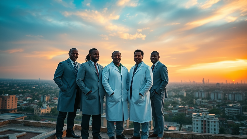 Inspiring Ugandan healthcare leaders from Case Hospital and Medcare Services standing united at hospital rooftop, dawn skyline over Kampala