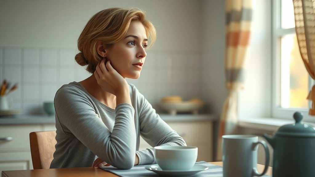 thoughtful woman practicing mindful eating and using GLP-1 drugs for weight loss at breakfast table