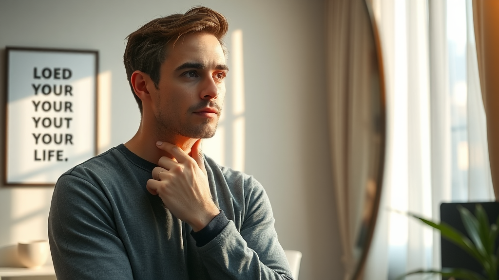 thoughtful person looking at their reflection, contemplating conscious language in a modern home setting with motivational art, gentle morning light
