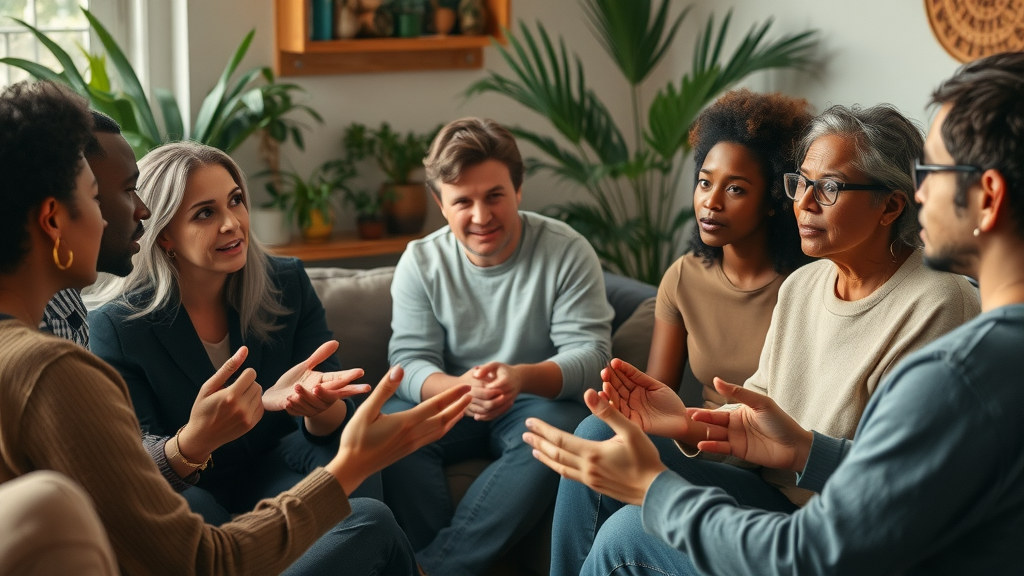 diverse group engaging in conscious language discussion in a cozy community space, warm ambient lighting