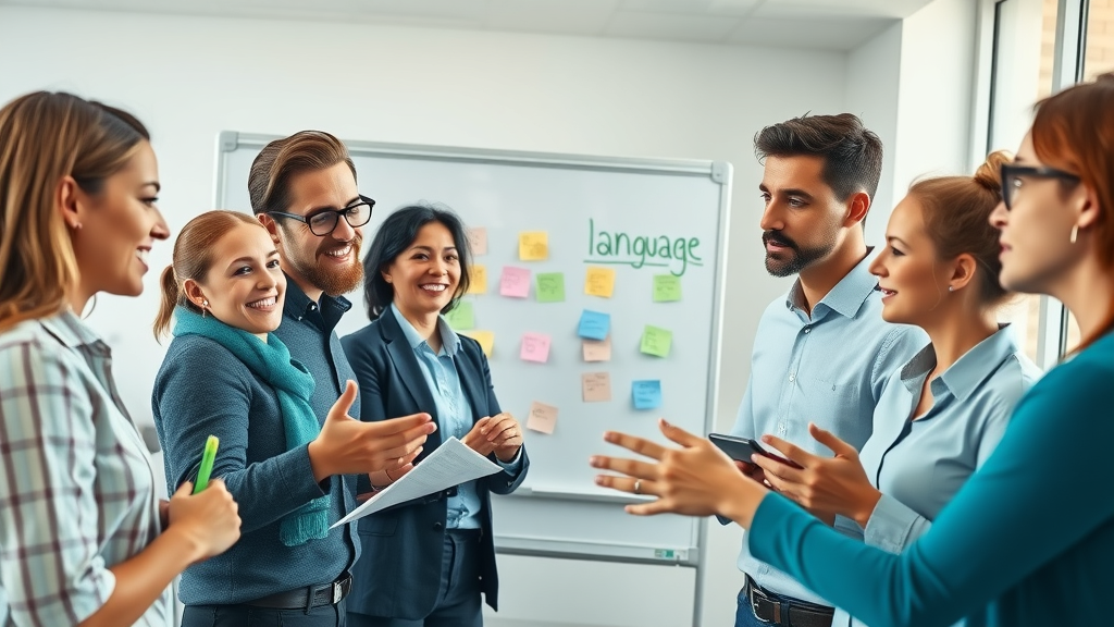 motivated business team collaborating on conscious language strategies in a bright office, whiteboard, and sticky notes visible
