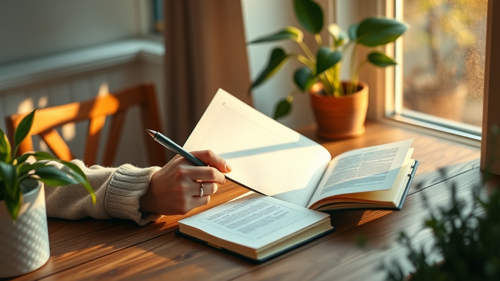 individual journaling conscious language practice in a serene home office with sunlight and plants