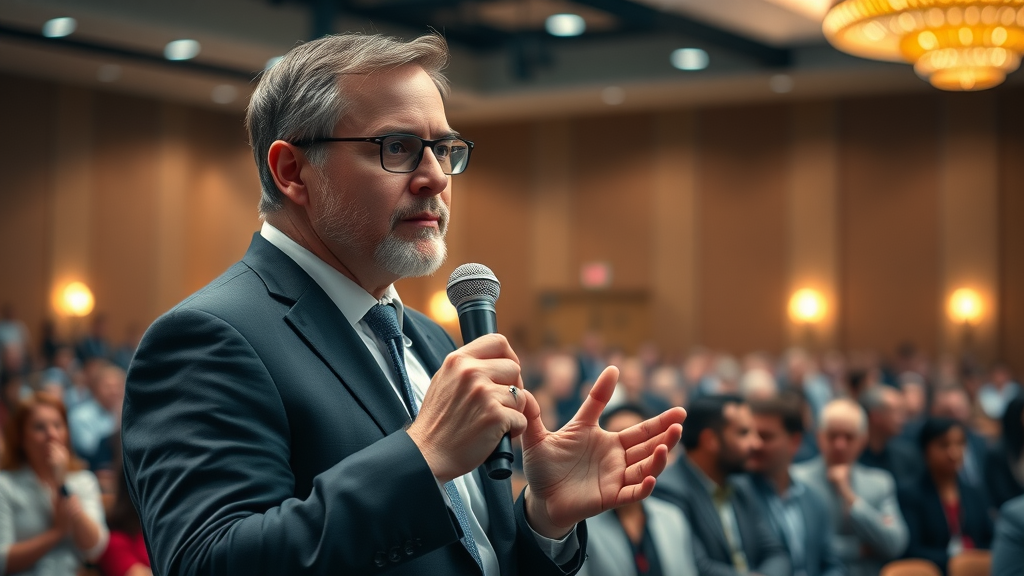 confident speaker using conscious language to engage an audience in a vibrant conference hall